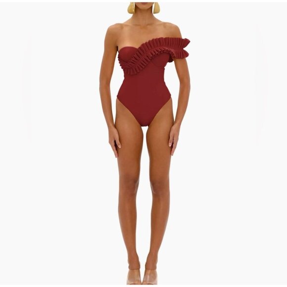 Andrea Iyamah Nisi One Shoulder Ruffle One Piece Swimsuit Chocolate Womens Size - Picture 2 of 12
